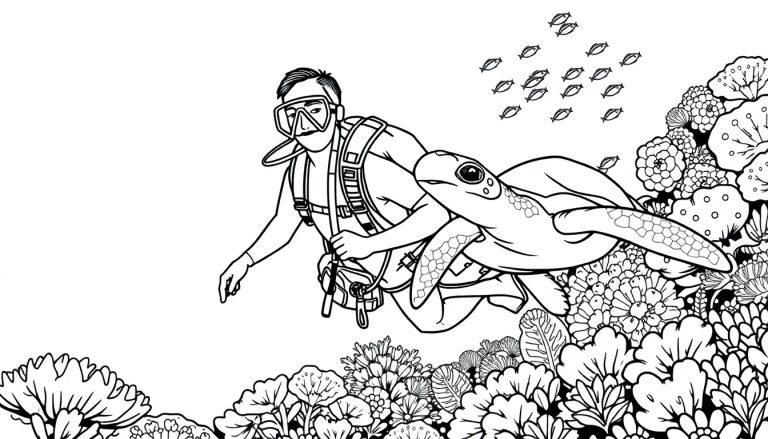 Zwart-wit kleurplaat van een onderwaterscène met een duiker, een zeeschildpad en vissen