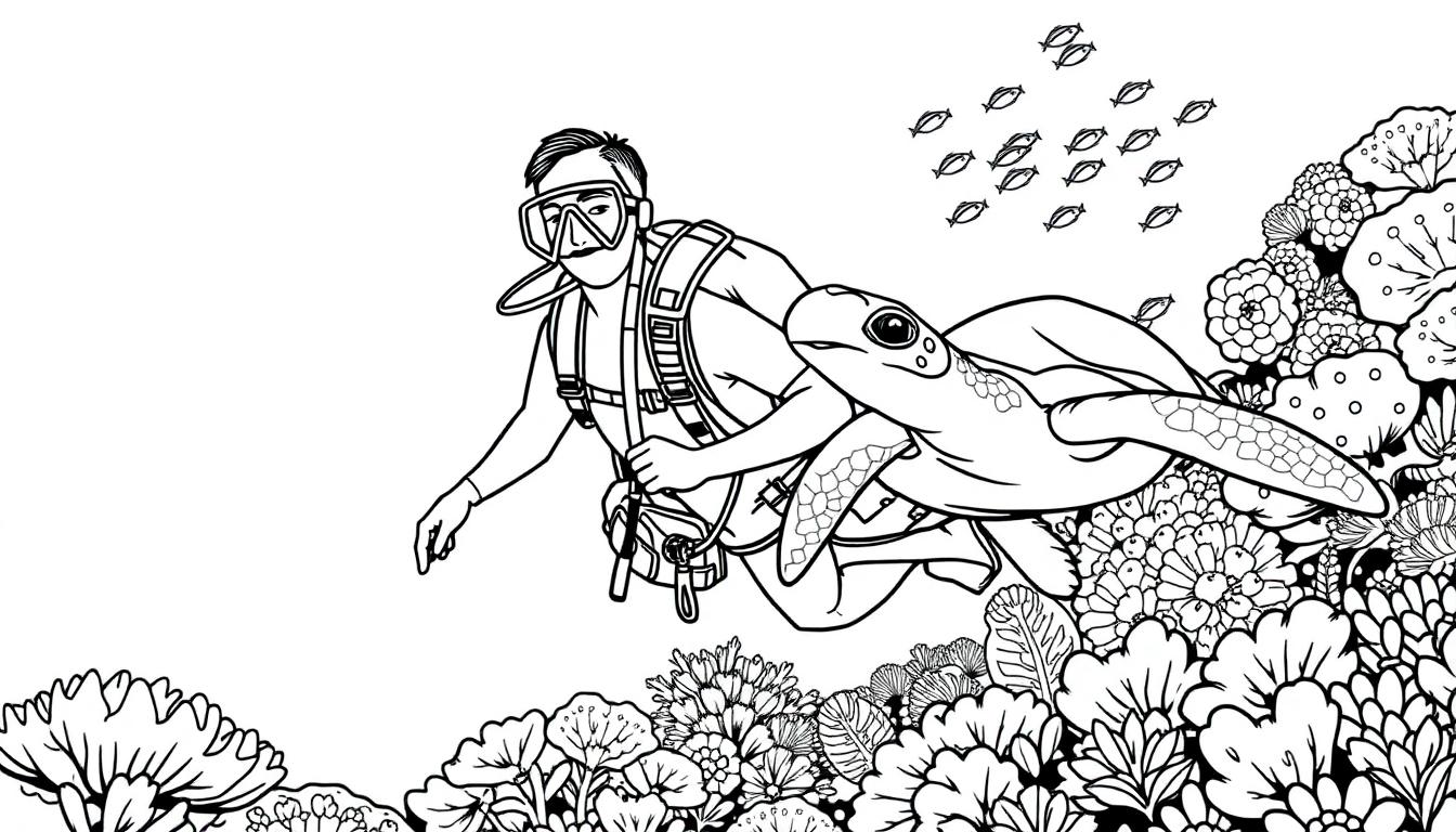 Zwart-wit kleurplaat van een onderwaterscène met een duiker, een zeeschildpad en vissen