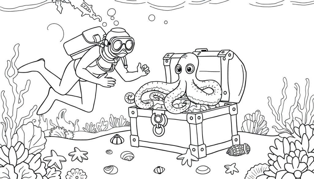 Kleurplaat van een onderwater scène met een duiker, schatkist, octopus en zeedieren
