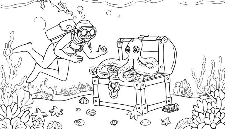 Kleurplaat van een onderwater scène met een duiker, schatkist, octopus en zeedieren