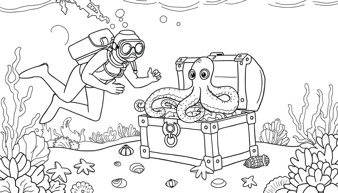 Kleurplaat van een onderwater scène met een duiker, schatkist, octopus en zeedieren