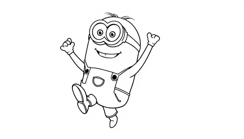 Kleurplaat van een vrolijk personage dat springt met beide handen omhoog, met grote ogen en een glimlach.