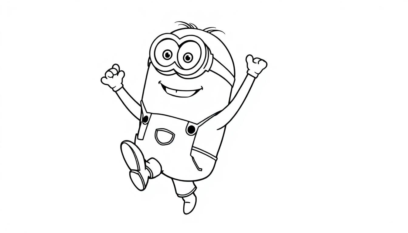 Kleurplaat van een vrolijk personage dat springt met beide handen omhoog, met grote ogen en een glimlach.