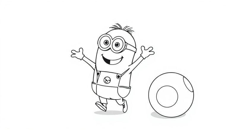 Een zwart-witte kleurplaat van een vrolijk personage met bril, tuinbroek en sprietje haar die zijn armen wijd uitstrekt naast een grote bol. 😊🖍️