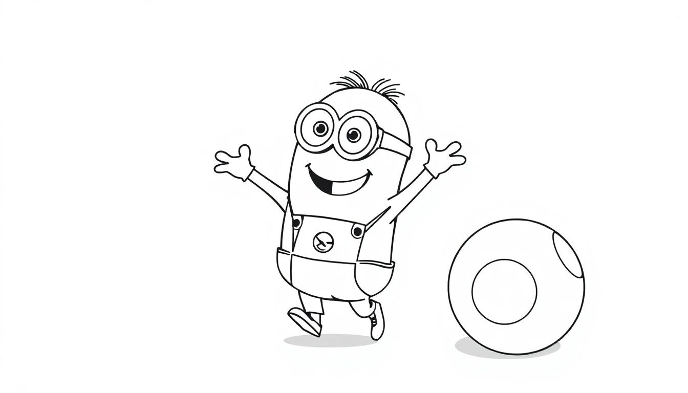 Een zwart-witte kleurplaat van een vrolijk personage met bril, tuinbroek en sprietje haar die zijn armen wijd uitstrekt naast een grote bol. 😊🖍️