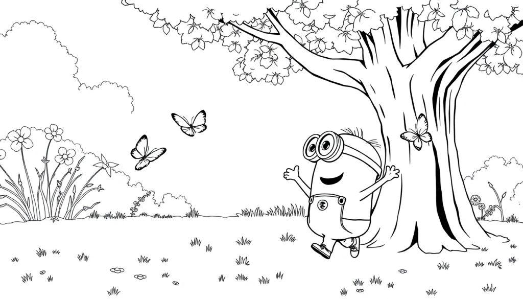 Kleurplaat van een vrolijk cartoonfiguurtje met een brede glimlach, bril en tuinbroek, naast een bloeiende boom met vliegenvlinders, getekend in zwart-wit.