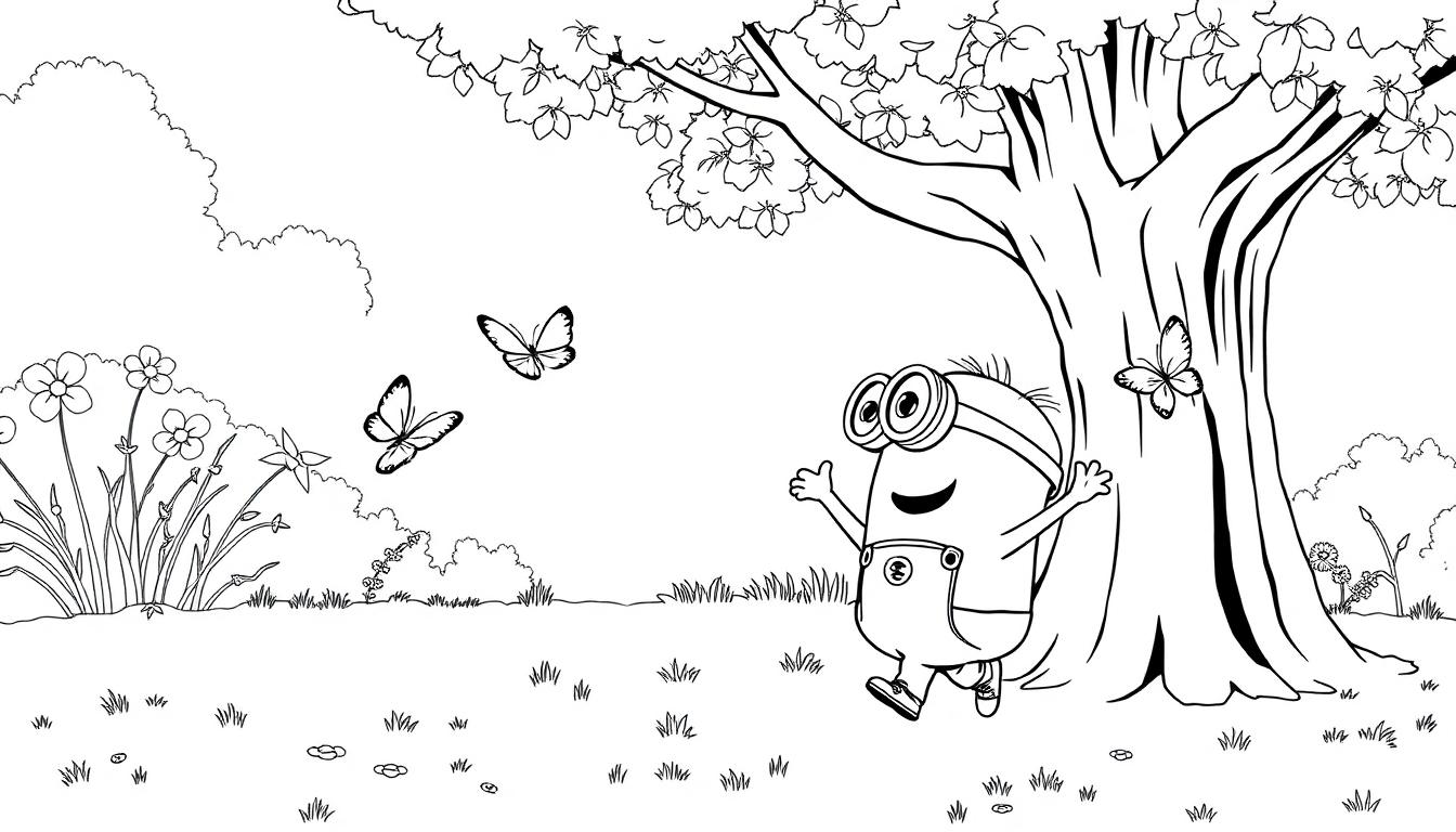 Kleurplaat van een vrolijk cartoonfiguurtje met een brede glimlach, bril en tuinbroek, naast een bloeiende boom met vliegenvlinders, getekend in zwart-wit.