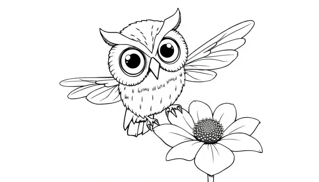Kleurplaat van een schattige uil met grote ogen die op een bloem rust.