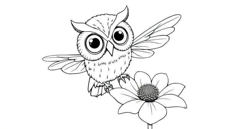 Kleurplaat van een schattige uil met grote ogen die op een bloem rust.