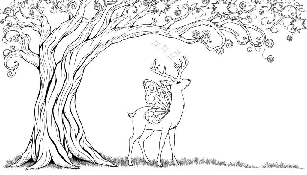 Een kleurenplaat van een magisch bos met een sierlijke boom, een hert met vleugels, en glinsterende sterren erboven. Een leuke kleurplaat voor kinderen.