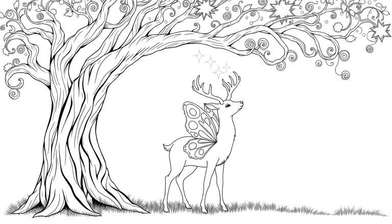 Een kleurenplaat van een magisch bos met een sierlijke boom, een hert met vleugels, en glinsterende sterren erboven. Een leuke kleurplaat voor kinderen.