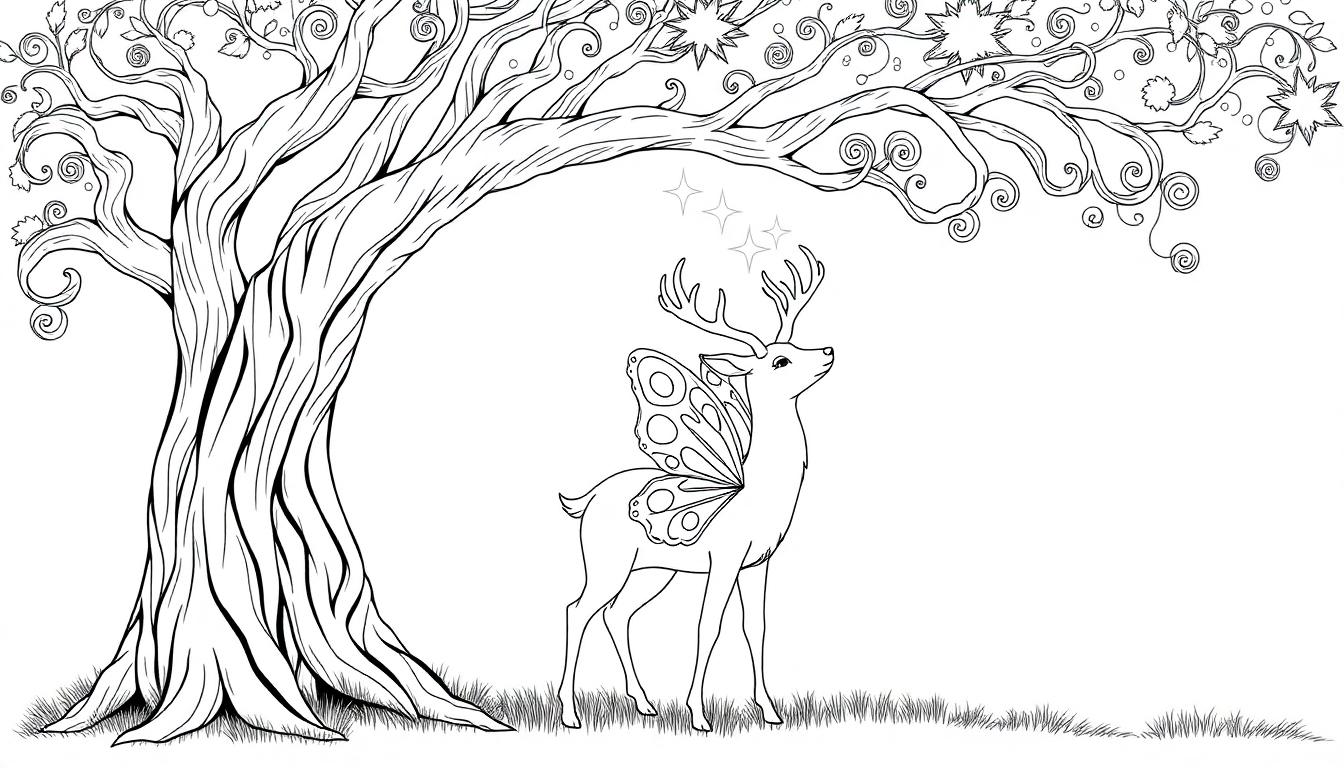 Een kleurenplaat van een magisch bos met een sierlijke boom, een hert met vleugels, en glinsterende sterren erboven. Een leuke kleurplaat voor kinderen.