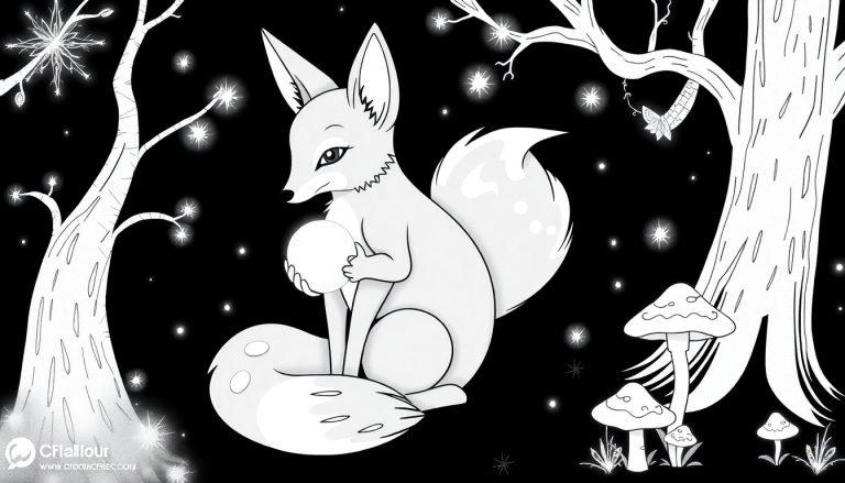Kleurplaat van een schattige vos in een magisch bos met glinsterende lichtjes en paddenstoelen