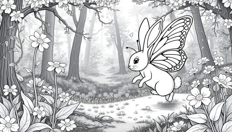 Een zwart-wit kleurplaat van een sprookjesachtig bos met grote bloemen, bomen en een fantasievol dier dat lijkt op een konijn met vlindervleugels, springend door het bos.