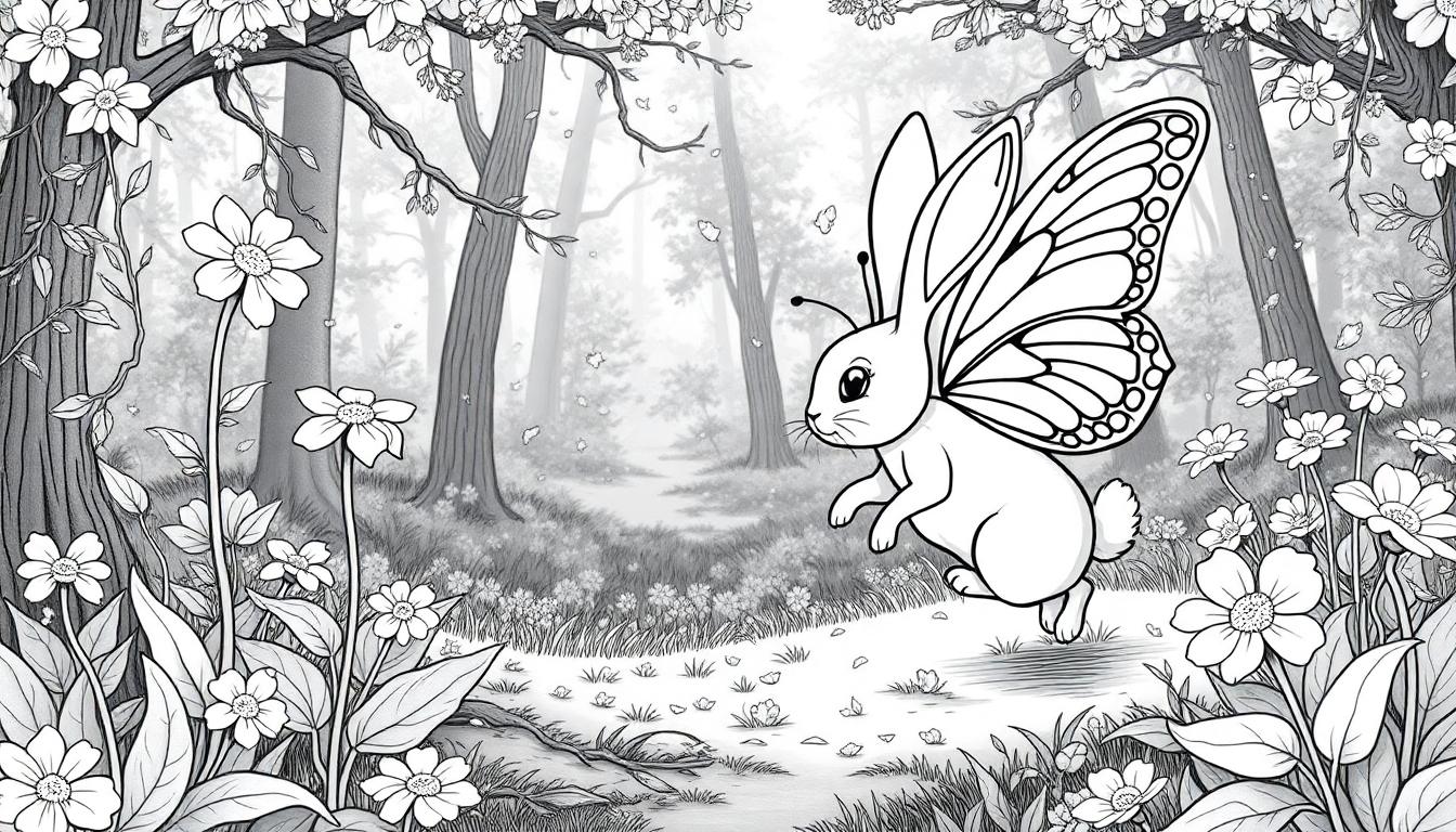 Een zwart-wit kleurplaat van een sprookjesachtig bos met grote bloemen, bomen en een fantasievol dier dat lijkt op een konijn met vlindervleugels, springend door het bos.