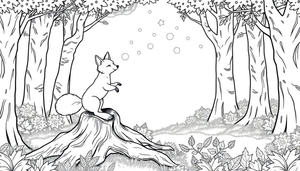 Een eenvoudige schetskleurplaat van een schattige vos op een boomstronk in een magisch bos met sterren en rondjes in de lucht, omringd door bomen, planten en gras.