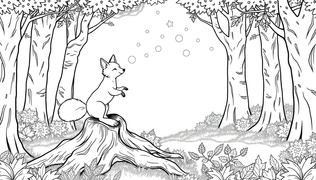 Een eenvoudige schetskleurplaat van een schattige vos op een boomstronk in een magisch bos met sterren en rondjes in de lucht, omringd door bomen, planten en gras.