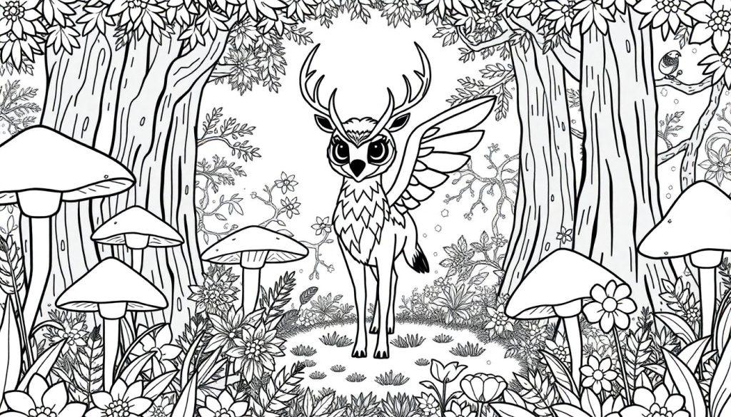 Deze kleurplaat toont een magisch bos met een fantasierijk wezen dat een uil, hert en gevleugeld dier combineert, omringd door hoge bomen, kleurrijke bloemen en een vogel op een tak.