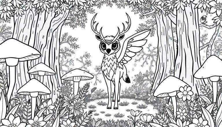 Deze kleurplaat toont een magisch bos met een fantasierijk wezen dat een uil, hert en gevleugeld dier combineert, omringd door hoge bomen, kleurrijke bloemen en een vogel op een tak.