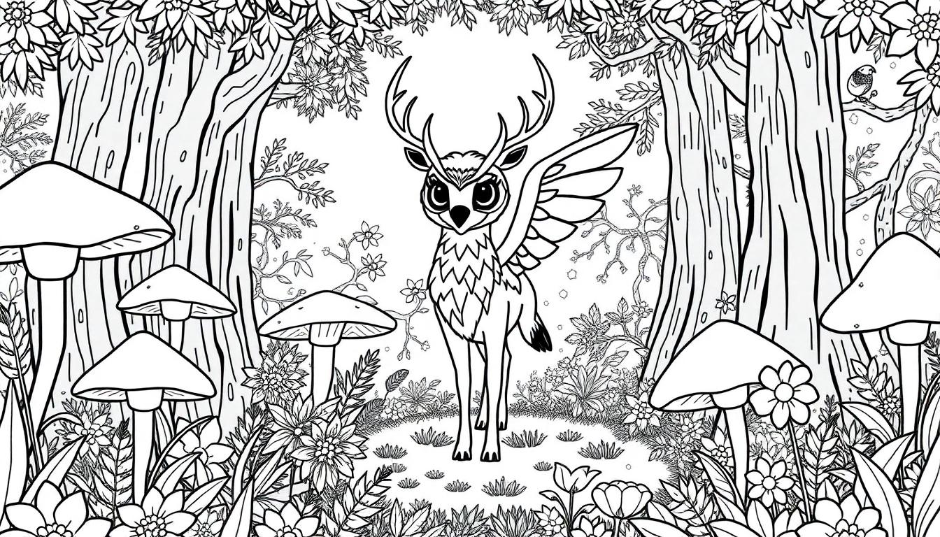 Deze kleurplaat toont een magisch bos met een fantasierijk wezen dat een uil, hert en gevleugeld dier combineert, omringd door hoge bomen, kleurrijke bloemen en een vogel op een tak.