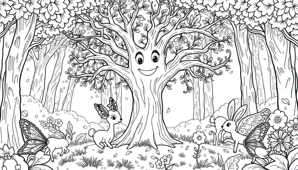 Kleurplaat van een magisch bos met een glimlachende boom en magische dieren zoals herten en konijnen met vlindervleugels.