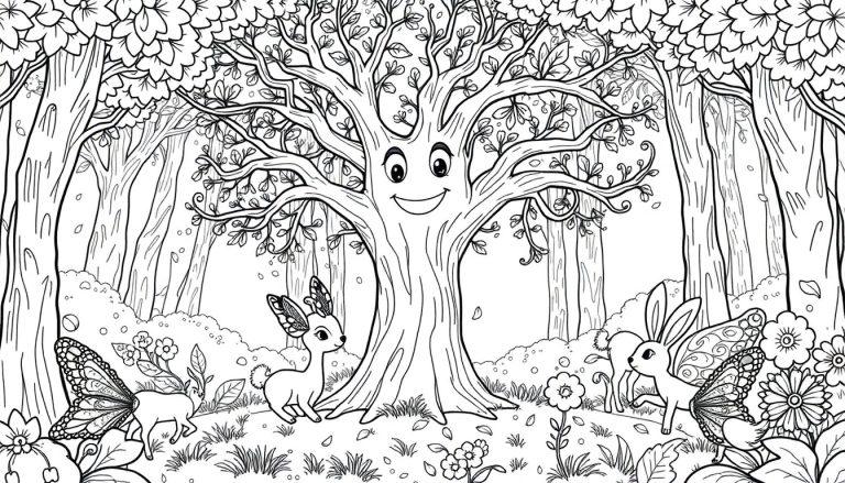 Kleurplaat van een magisch bos met een glimlachende boom en magische dieren zoals herten en konijnen met vlindervleugels.