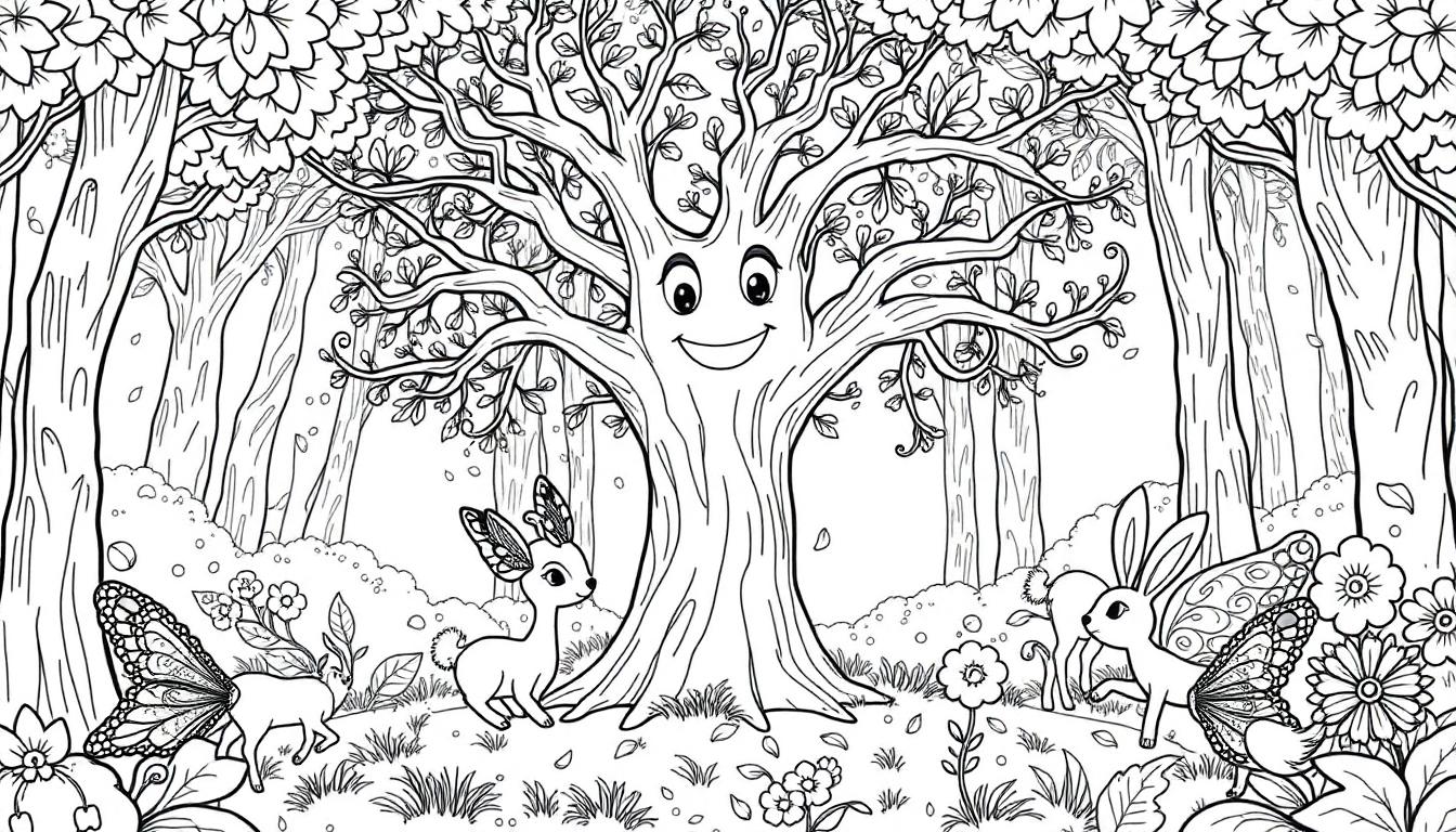 Kleurplaat van een magisch bos met een glimlachende boom en magische dieren zoals herten en konijnen met vlindervleugels.