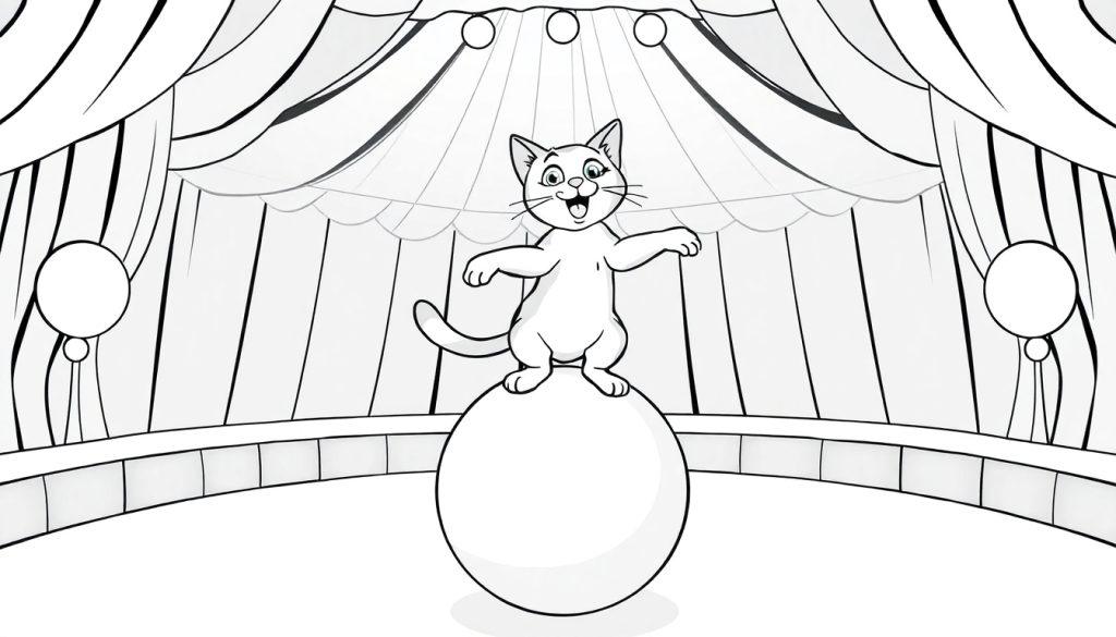 Kleurplaat van een vrolijke kat die op een grote bal balanceert in een circustent, met feestelijke gordijnen en bogen op de achtergrond.