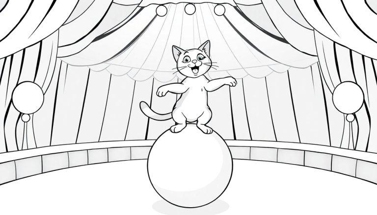 Kleurplaat van een vrolijke kat die op een grote bal balanceert in een circustent, met feestelijke gordijnen en bogen op de achtergrond.
