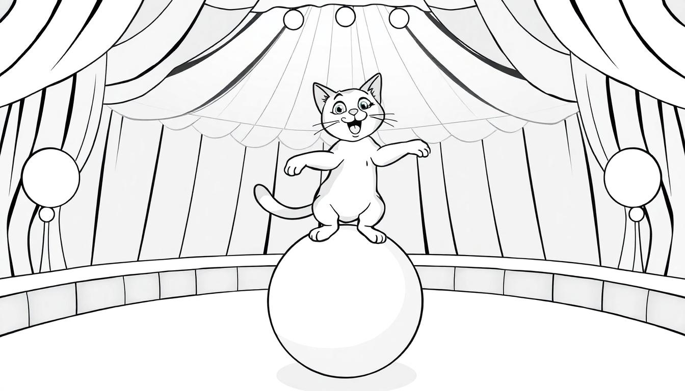 Kleurplaat van een vrolijke kat die op een grote bal balanceert in een circustent, met feestelijke gordijnen en bogen op de achtergrond.