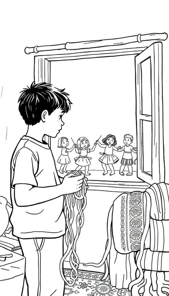 Kleurplaat van een jongetje dat door een raam naar buitenspelen kijkt