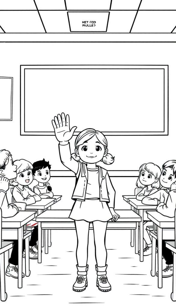 Deze kleurplaat laat een klaslokaal zien met een meisje dat haar hand ophoudt, alsof ze stopt. De klasgenoten zitten stil en kijkend naar haar. In de achtergrond is een leeg schoolbord te zien en bovenaan het plafond hangen panelen met een tekst over schoolregels. Het is een vrolijke en leerzame kleurplaat voor kinderen.