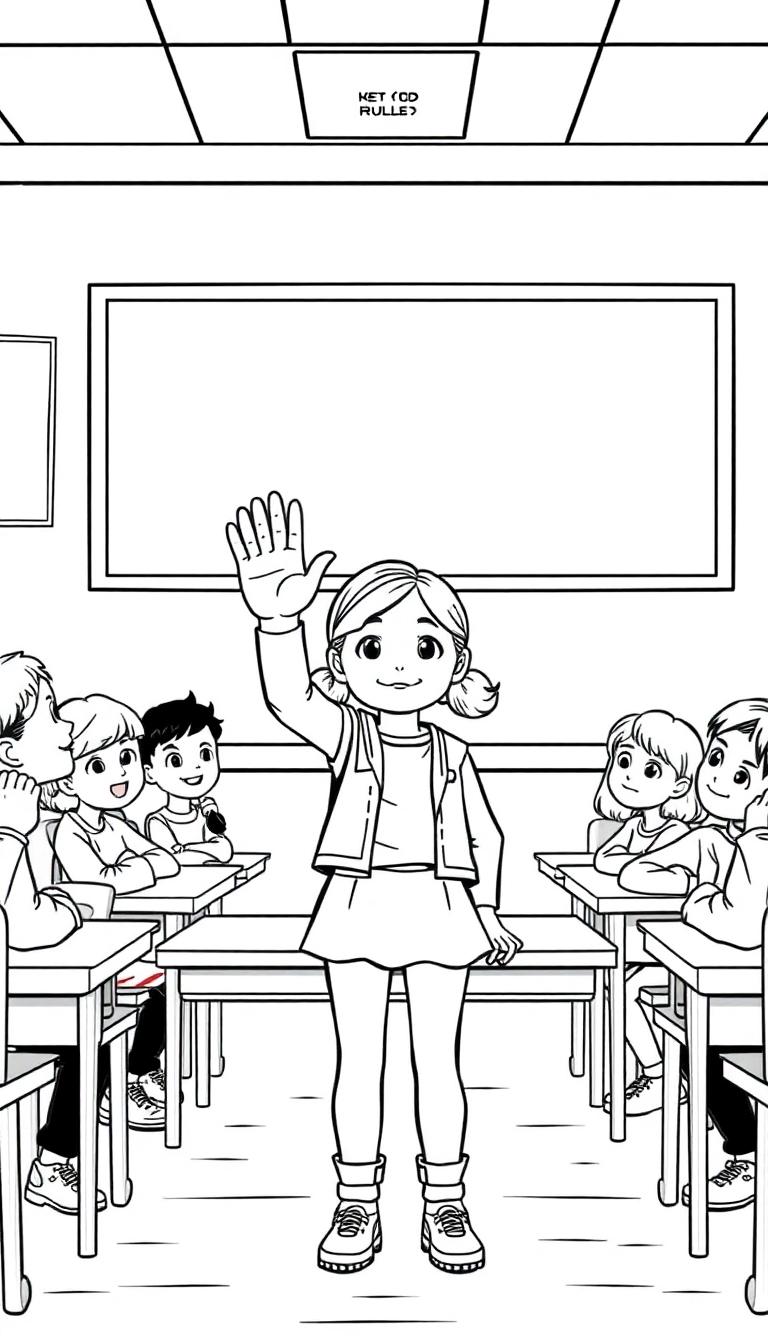 Deze kleurplaat laat een klaslokaal zien met een meisje dat haar hand ophoudt, alsof ze stopt. De klasgenoten zitten stil en kijkend naar haar. In de achtergrond is een leeg schoolbord te zien en bovenaan het plafond hangen panelen met een tekst over schoolregels. Het is een vrolijke en leerzame kleurplaat voor kinderen.