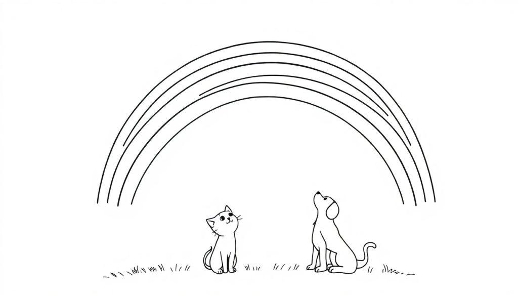 Kleurplaat met een kat, hond en een regenboog, allemaal in zwart-wit.