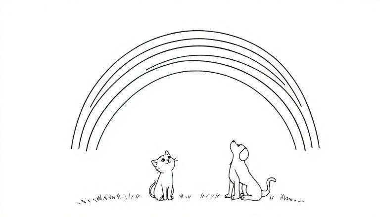 Kleurplaat met een kat, hond en een regenboog, allemaal in zwart-wit.