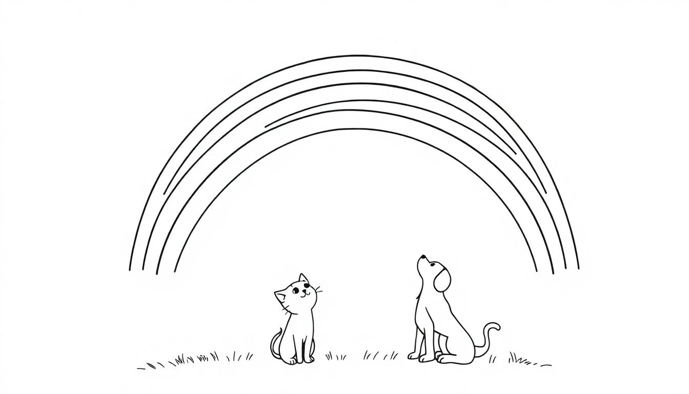 Kleurplaat met een kat, hond en een regenboog, allemaal in zwart-wit.