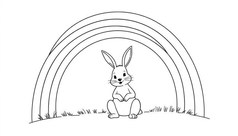 Een kleurplaat met een konijn op een grasveld en een regenboog met drie bogen in de lucht.