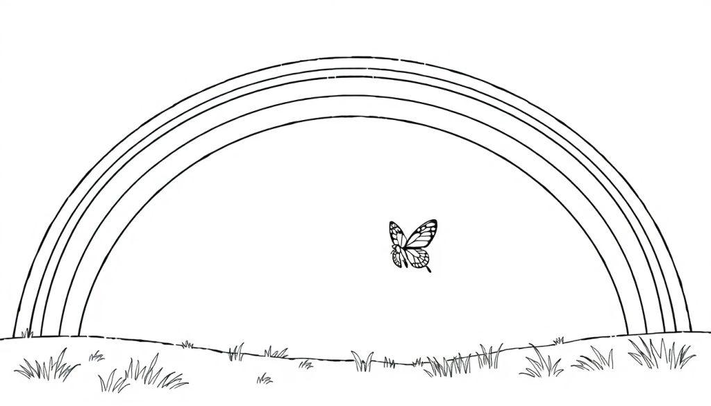 Een eenvoudige kleurplaat van een landschap met een regenboog, gras en een vlinder, klaar om ingekleurd te worden.