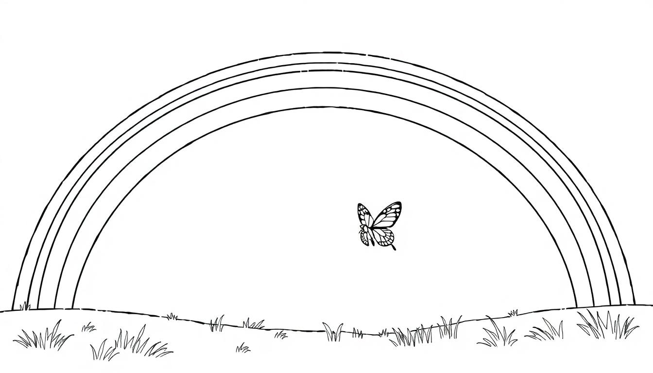 Een eenvoudige kleurplaat van een landschap met een regenboog, gras en een vlinder, klaar om ingekleurd te worden.