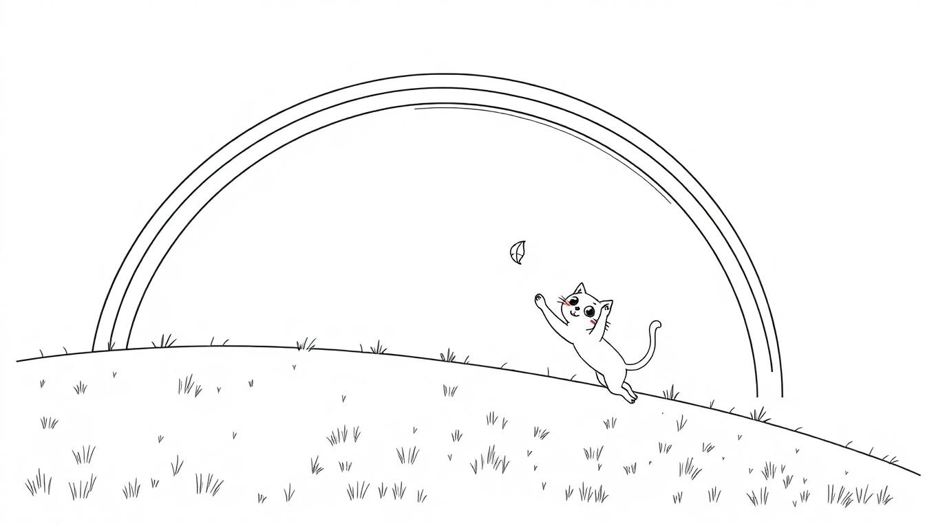 Kleurenplaat van een blije kat die springt onder een regenboog, met een vliegend vlindertje en gras eromheen.