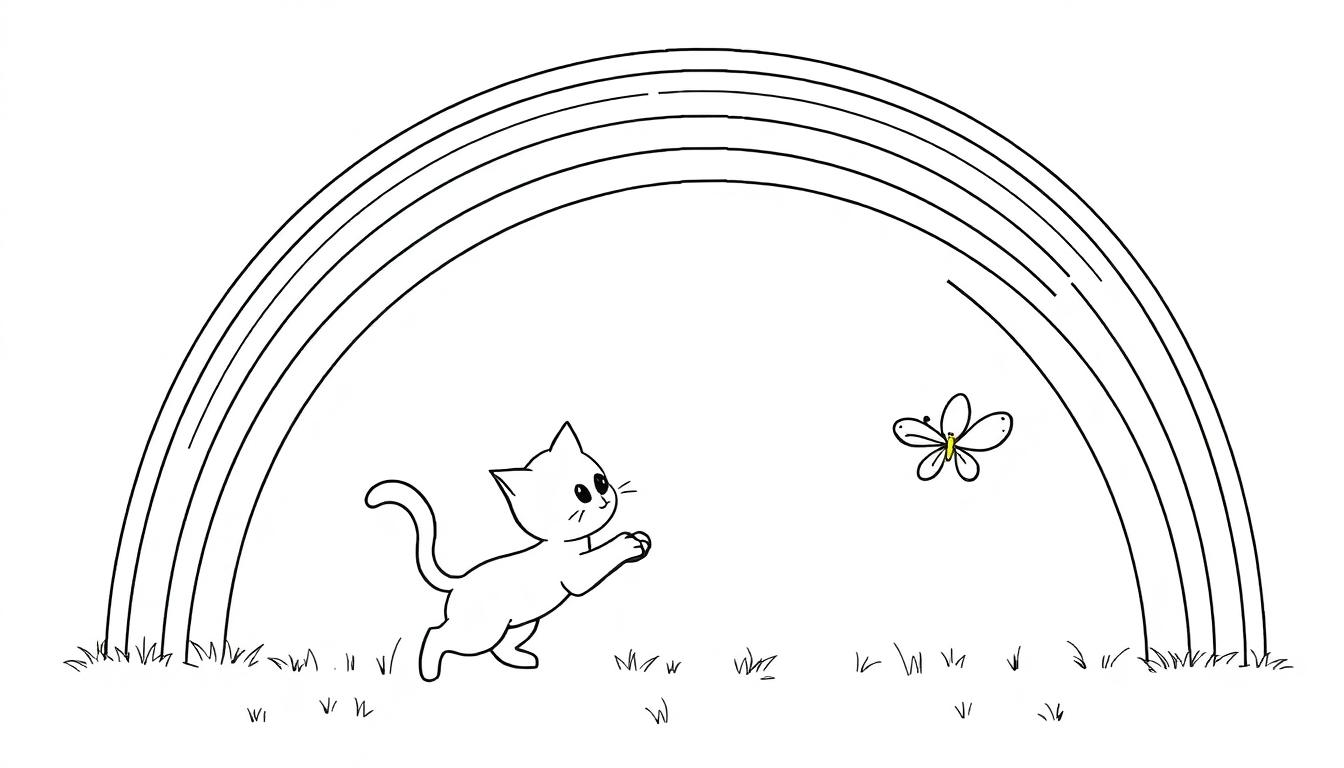 Kleurplaat van een katje dat blij naar een vlinder kijkt onder een regenboog, met gras eronder.