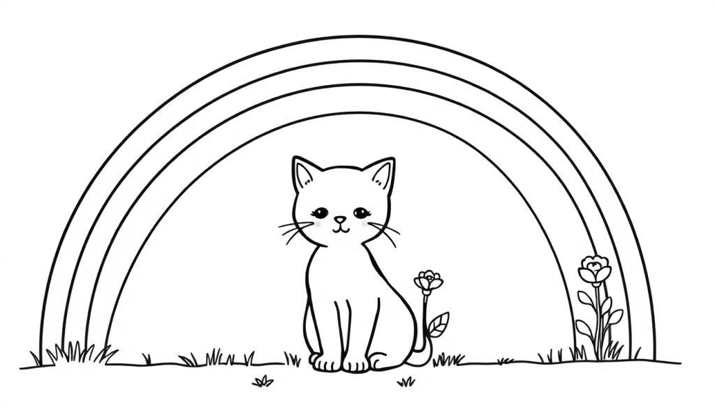 Kleurplaat van een schattige kat die rechtop zit met een regenboog op de achtergrond, bloemen en gras eromheen.