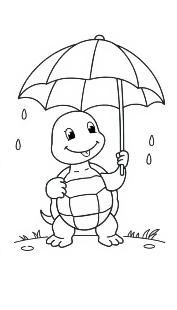 Kleurplaat van een vrolijke schildpad met een paraplu, regen en plassen op de grond