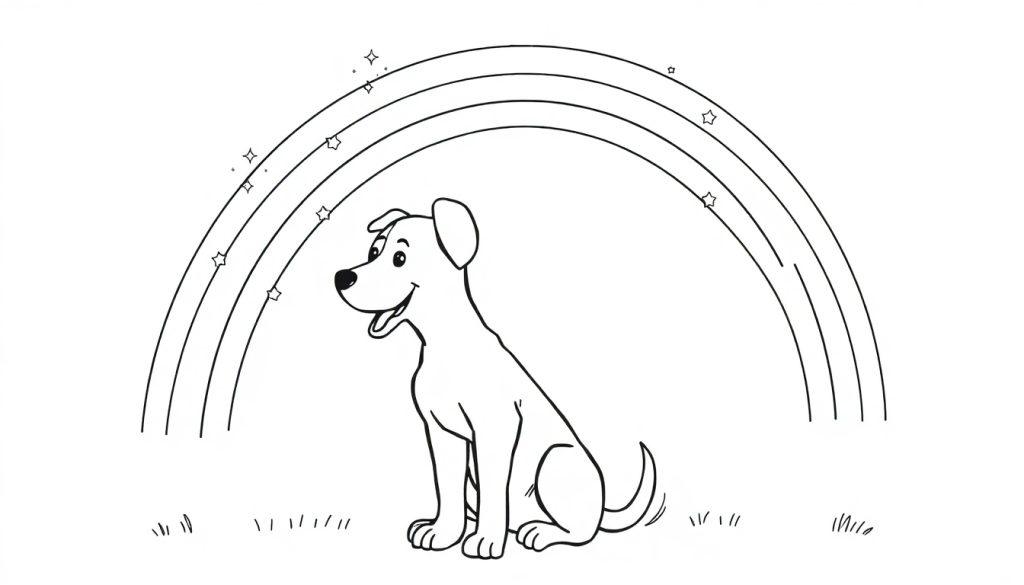 Kleurplaat van een vrolijke hond met een regenboog en sterretjes