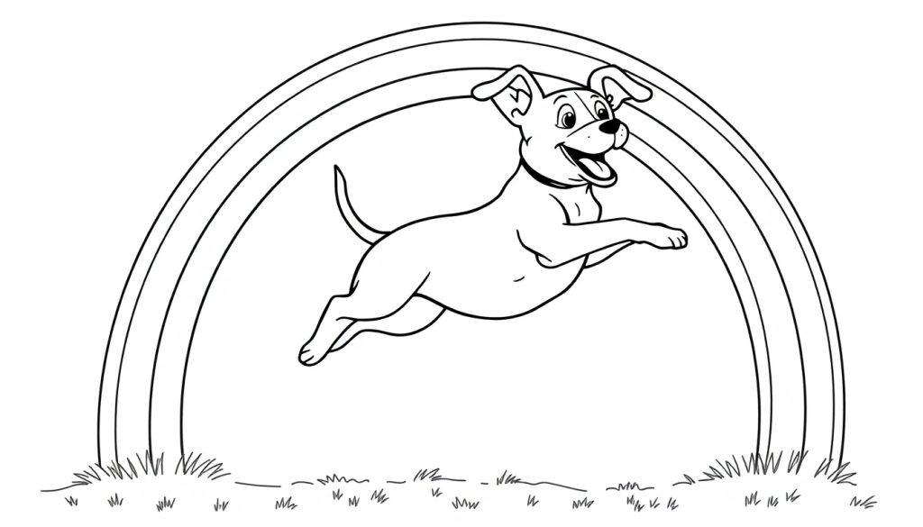 Een kleurplaat van een blije hond die springt onder een regenboog, met gras op de grond.