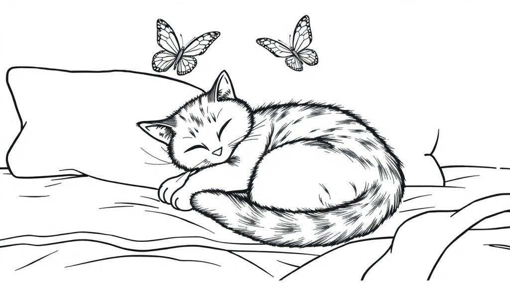 Een zwart-wit kleurplaat van een slapende kat op een bed met vlinders er boven, perfect voor kinderen om in te kleuren.