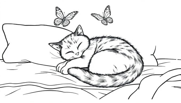 Een zwart-wit kleurplaat van een slapende kat op een bed met vlinders er boven, perfect voor kinderen om in te kleuren.