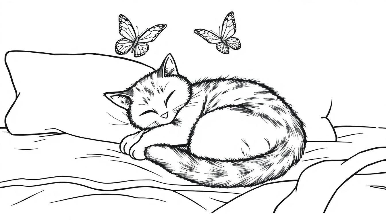 Een zwart-wit kleurplaat van een slapende kat op een bed met vlinders er boven, perfect voor kinderen om in te kleuren.