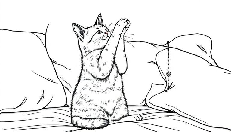 Kleurrijke kleurplaat van een kat op bed met haar poten omhoog en een touw als speeltje