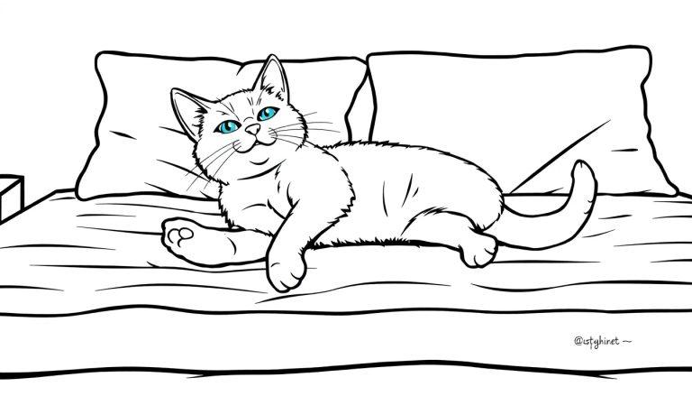 Kleurplaat van een kat die ontspannen ligt op een bed met kussens, met opvallende blauwe ogen en een zachte vacht.